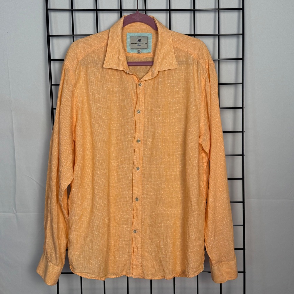 Report Collection Resort Button Down Mens XXL Orange 100% Linen Slub Long Sleeve